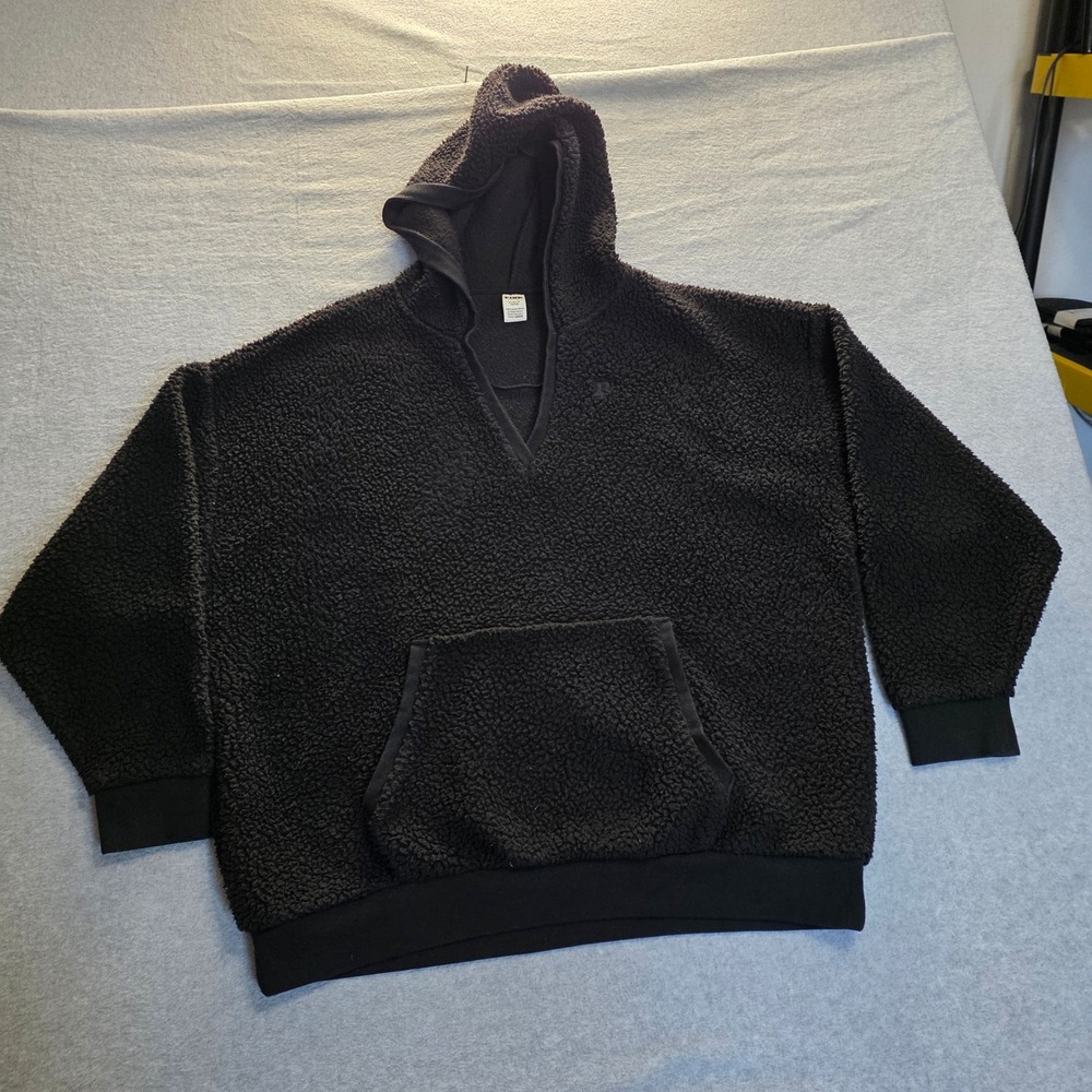 Victoria's‎ Secret PINK Black Sherpa Fleece Oversized V-Neck Hoodie XL